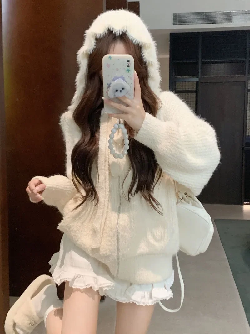 Sweet Hooded Knitwear Women Korean Lace Up Soft Glutinous Academy Fashion Gentle Solid Lazy Warm Winter Female Sweater Coat Top