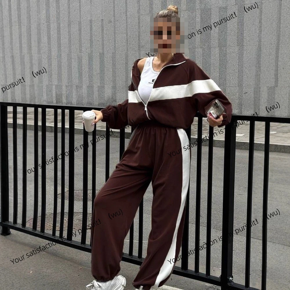 Trajes europeos y americanos de moda, trajes deportivos informales, pantalones tipo cárdigan con cremallera, traje de dos piezas para mujer