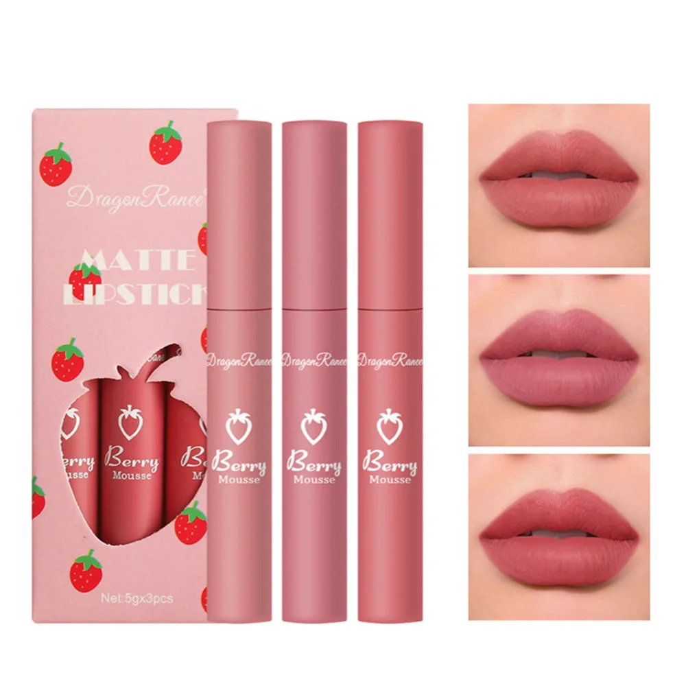 3PCS 딸기 립스틱 세트 벨벳 메이크업 매트 립스틱 오랫동안 지속되는 립글로스 비 스틱 컵 립글레이즈 선물 상자