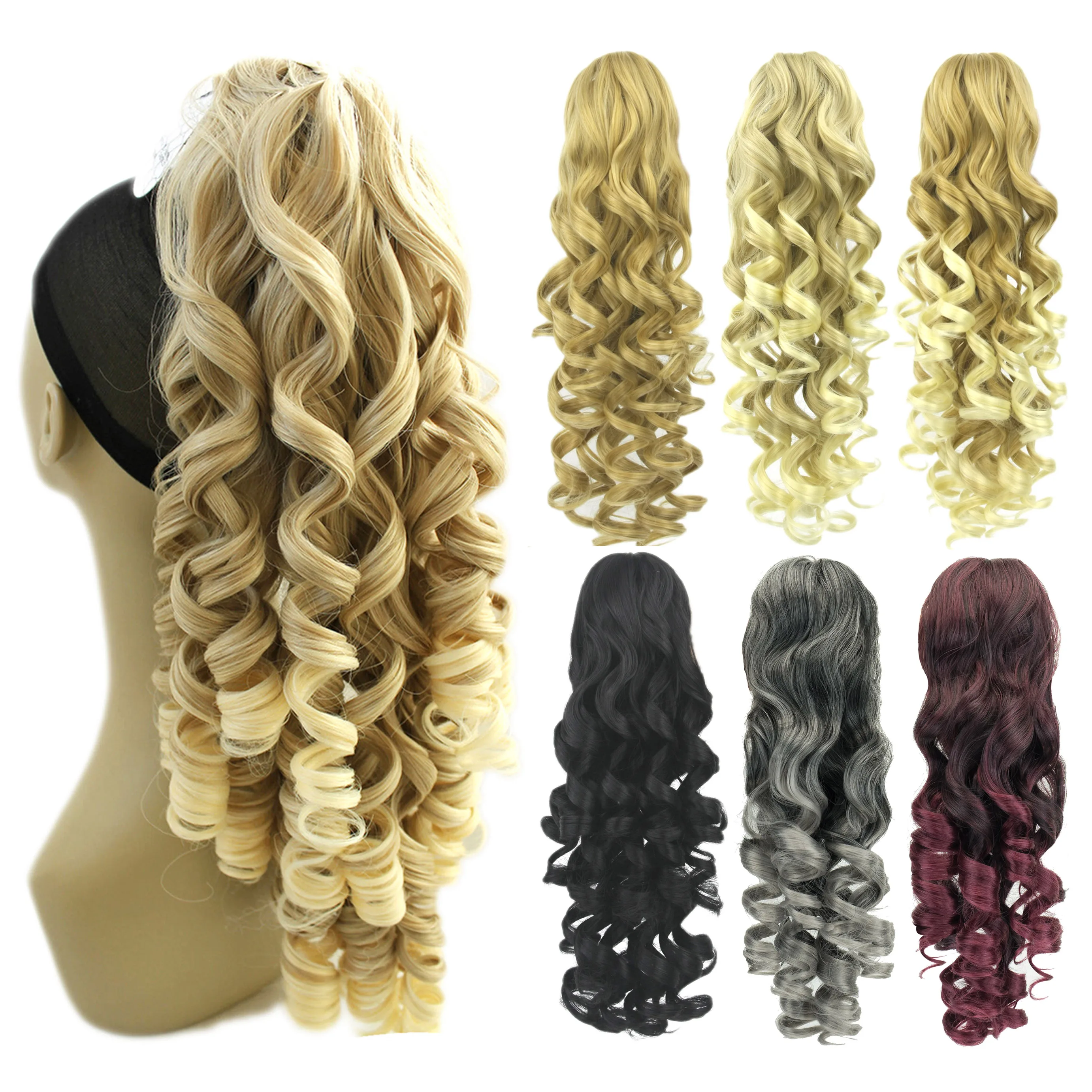 Soowee 60cm Long Black Blonde Curly Clip In Hair Extensions Pieces Pony Tail Synthetic Hair Claw Ponytail