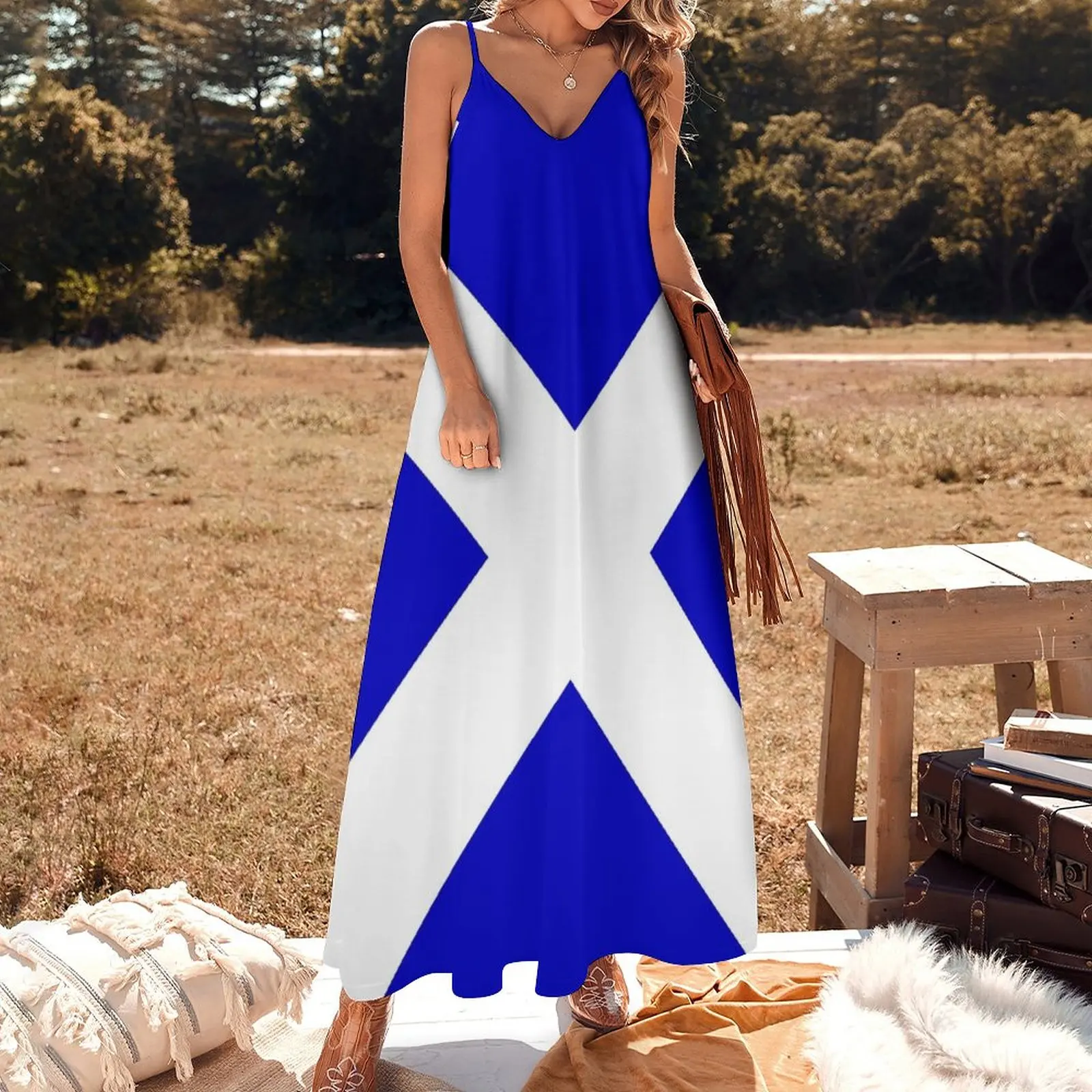 Vestido sem mangas de botão de saltire escocês feminino, vestido noturno, venda elegante