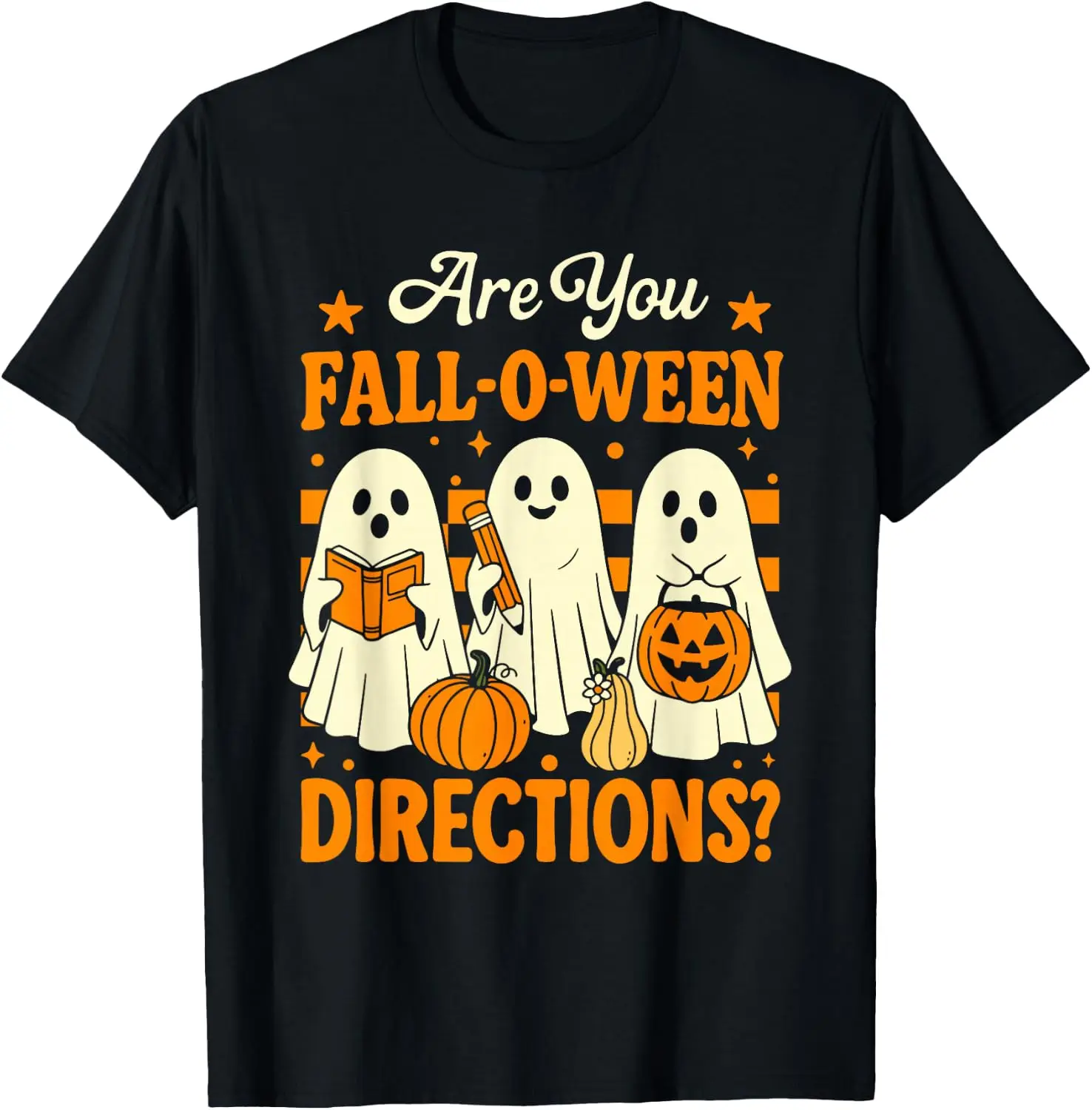 Are You Fall O Ween Directions Funny Teacher Halloween Ghost T-Shirt Men Women Unisex Novelty Graphic T‑Shirt, Classic Crew Neck 100% Cotton Tee, Lightweight Anti‑Pilling Breathable Casual Tops, Year‑Round Daily Outfit, Holiday Birthday Present Tee