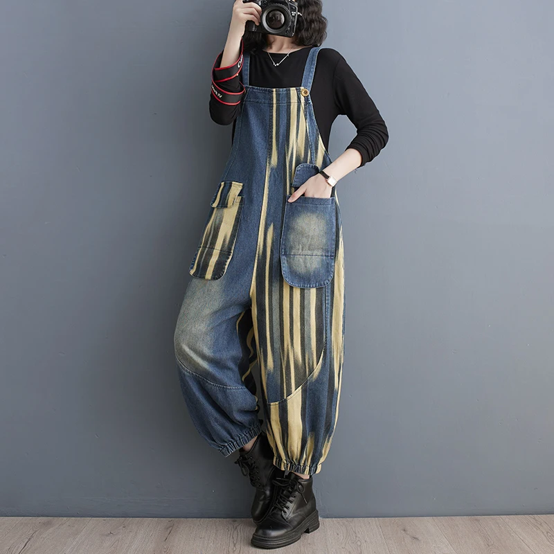 Spring New Style Color Block Large Pocket Denim Onesie Overalls Leg Slimming Cuffed High Waist Cotton Wide Leg Pants