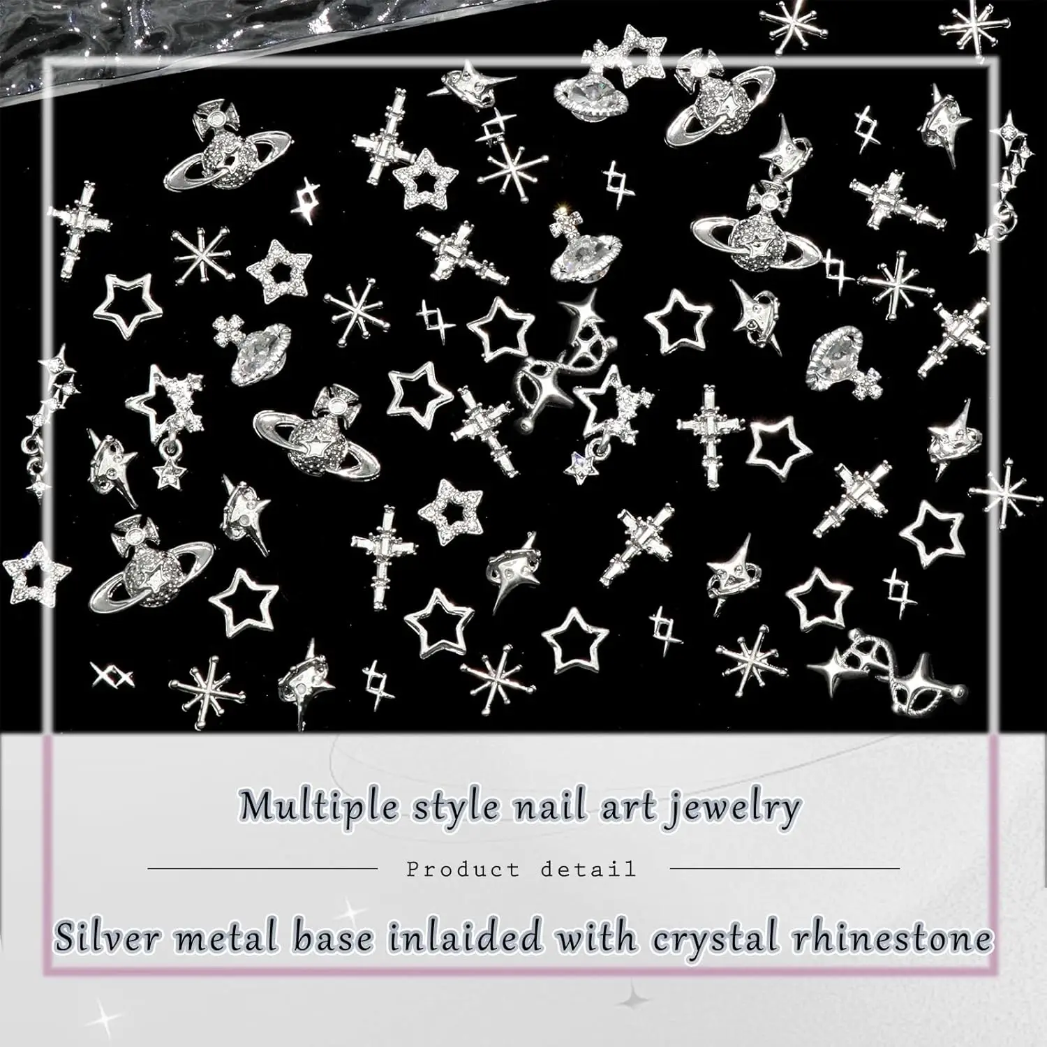85PCS Cross Nail Charms Silver 3D Star Charms and Gems Saturn Planet Nail Art Jewelry Multi Style Nail Rhinestones for Nails