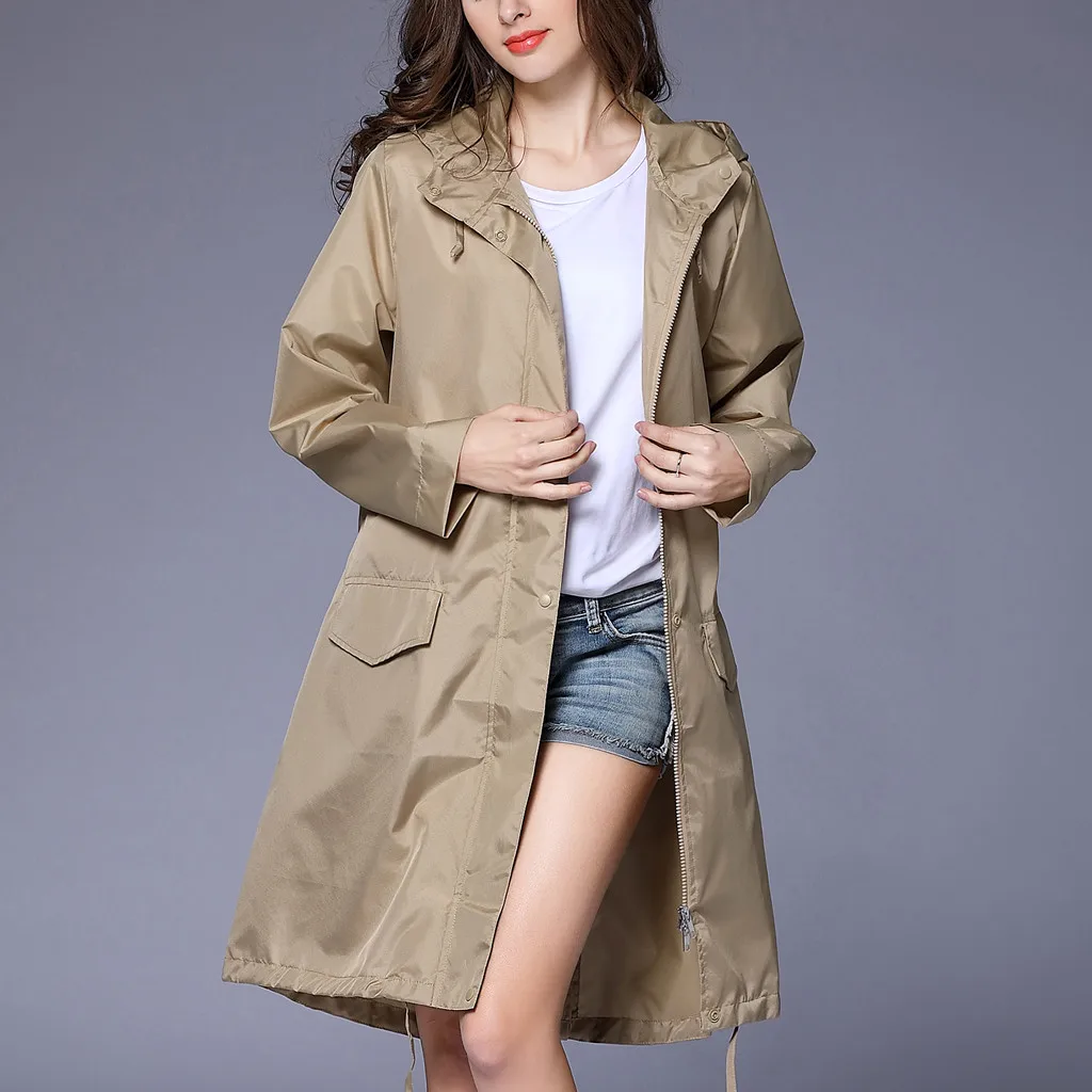 

Solid Color Khaki Women's Raincoats Outdoor Windproof Waterproof Women Clothing Mid-Length Zipper Pockets Hoodies Trench Coats