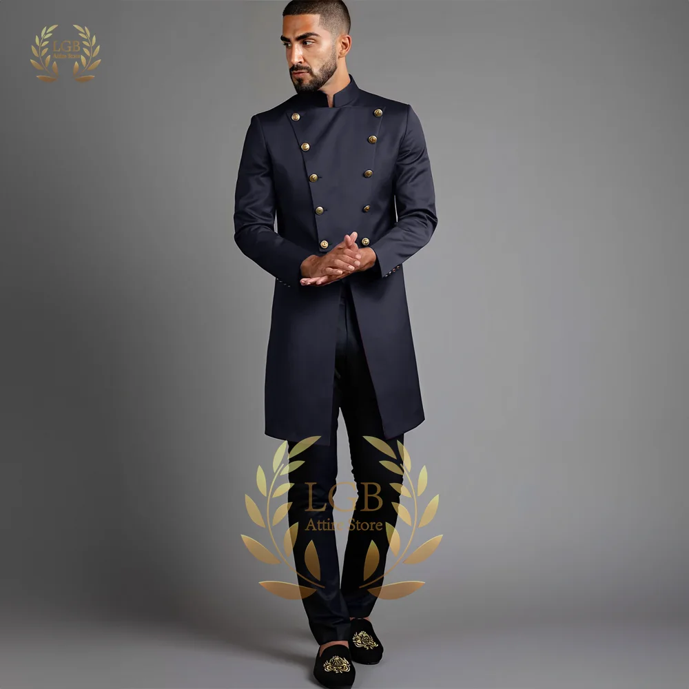 Men\'s Arabic style suit double-breasted long coat and black trousers 2-piece suit custom fashion slim fit XS~5XL