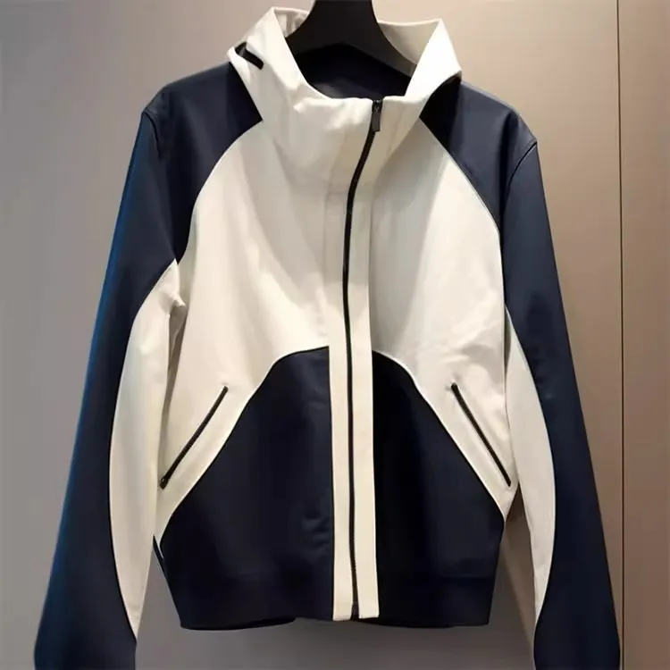 

Women Hardshell Jacket Casual Short Coats Color Blocked Hooded Long Sleeves Zippper Loose Fit Office Lady 2025 Spring Autumn