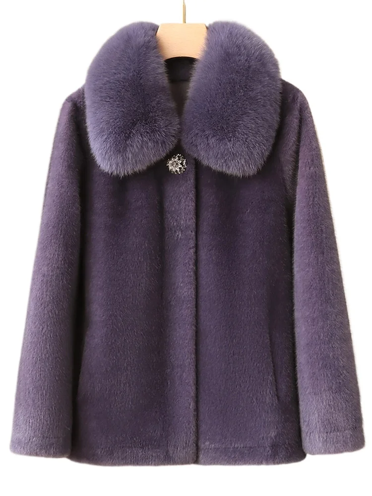 

Small mother winter clothes purple coat female mink fleece fur integrated fur middle-aged and elderly coat fox fur collar