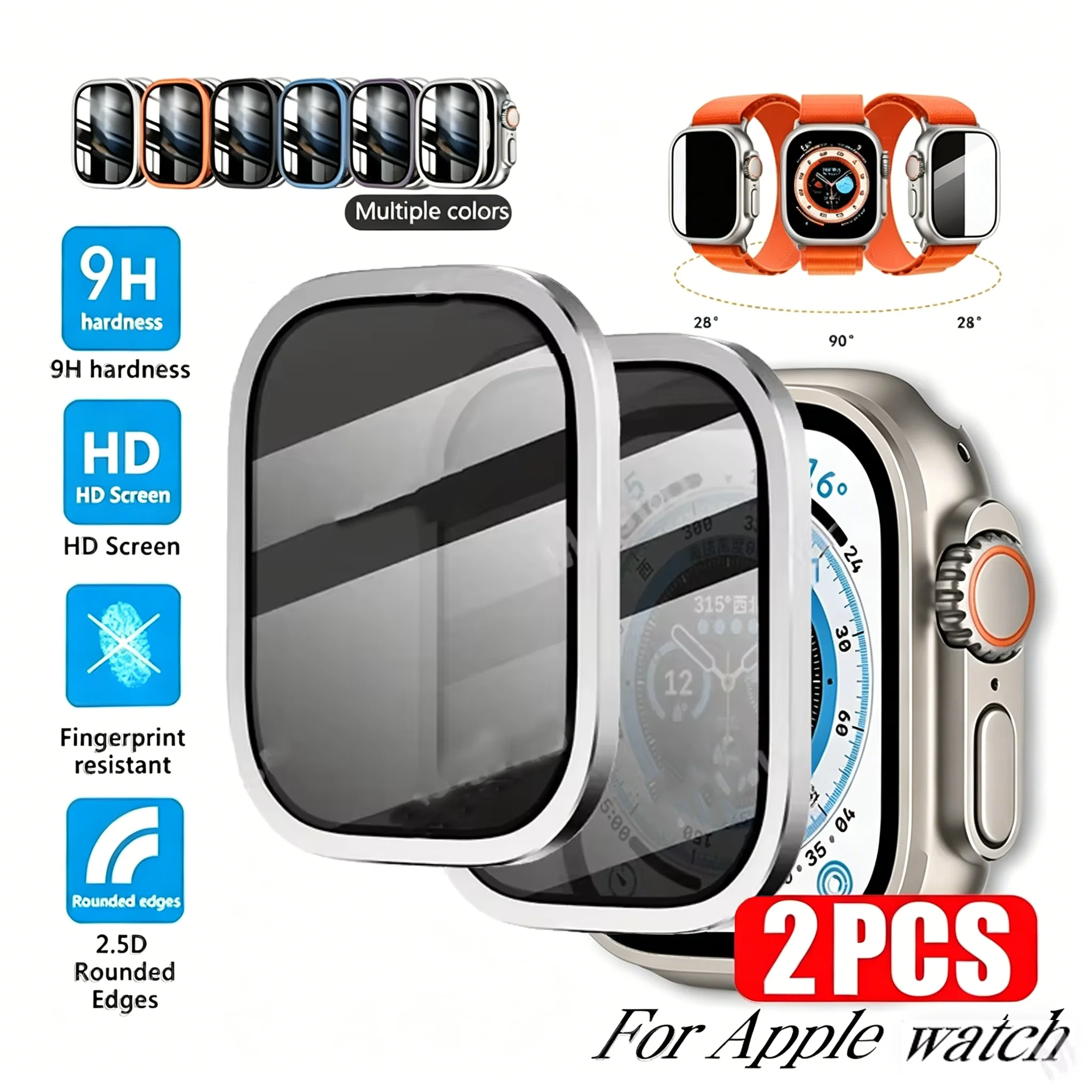 

2pcs for Apple Watch Ultra 3/2/1 Smart Watch Privacy Screen Protector With a Metal Frame - 28° Anti-peeping,3D Curved Surface