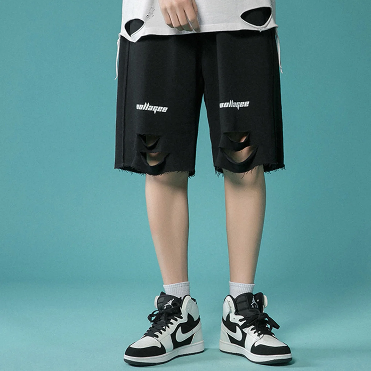 Joggers Oversized Pockets Baggy Hip Hop Cargo Shorts Streetwear 2022 Summer Casual Short Lattice Doodle Knife Cut Hole Shorts