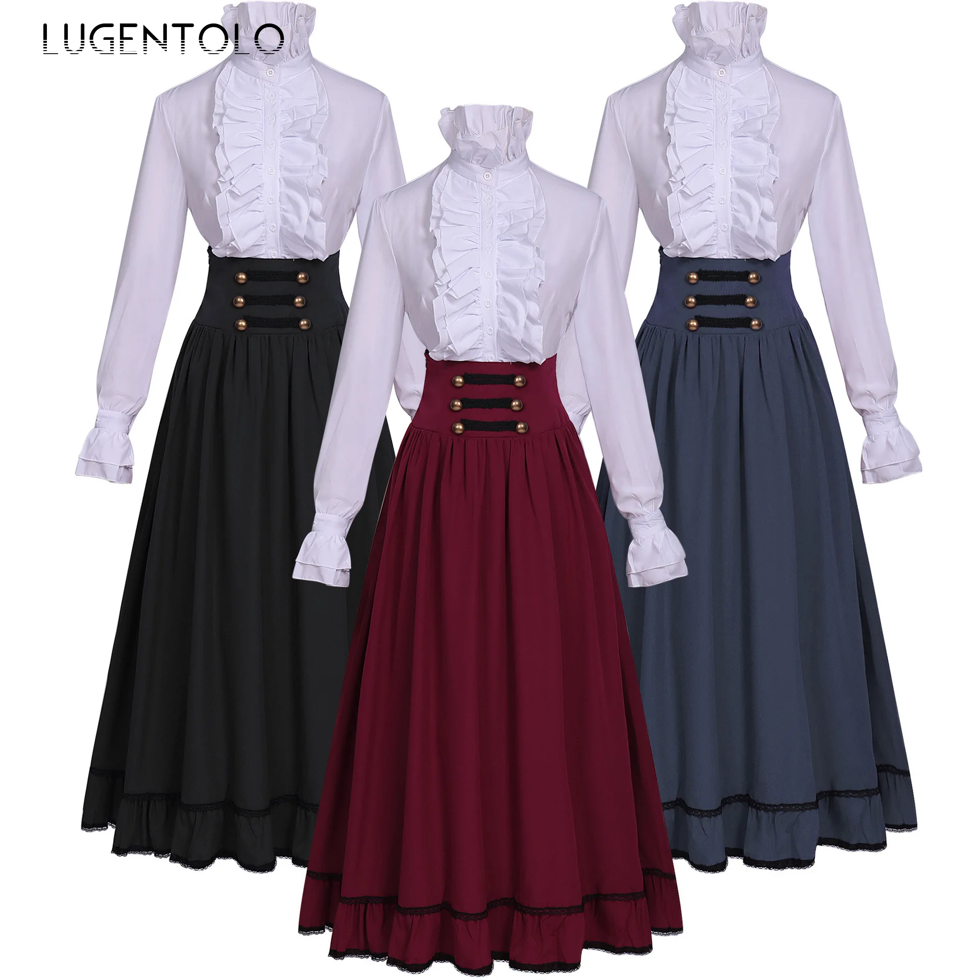 

Women Lolita Shirt Skirt Sets Retro Elegant French Ruffles High Waist Big Swing Skirts Party Victorian Stage Two-piece Dress Set