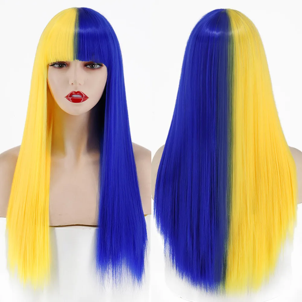 Long Synthetic Half Yellow half Blue Cosplay Wigs with Bangs Long Straight Hair