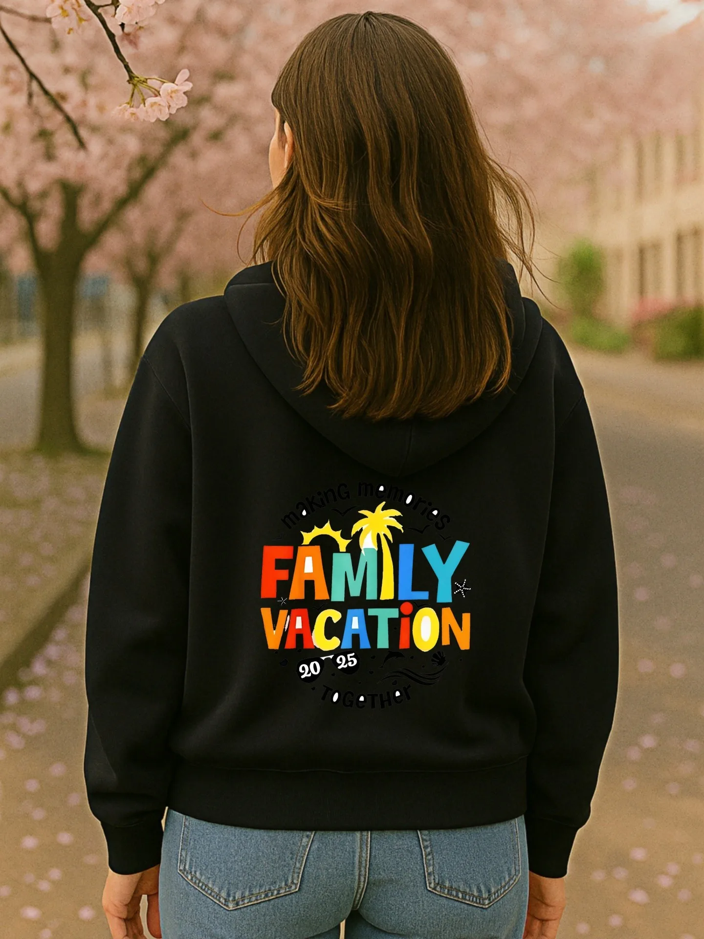 Grafische hoodie dames, gezinsvakantie letterprint, casual esthetische stijl, zachte stof, vakantie-outfit, voor dames