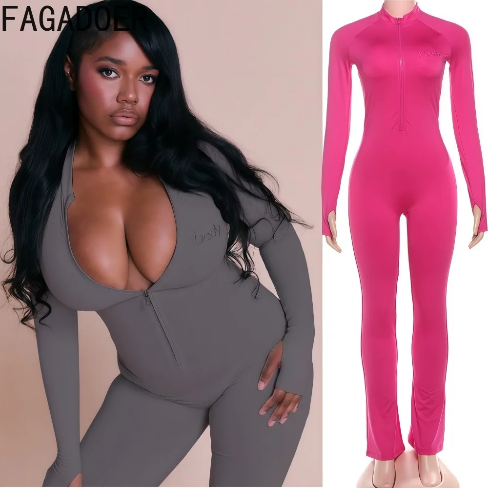 

FAGADOER Fashion Letter Embroidery Woman 2 Piece Set Outfit Solid Color Long Sleeve Zipper Crop Top + Pants Female Streetwear