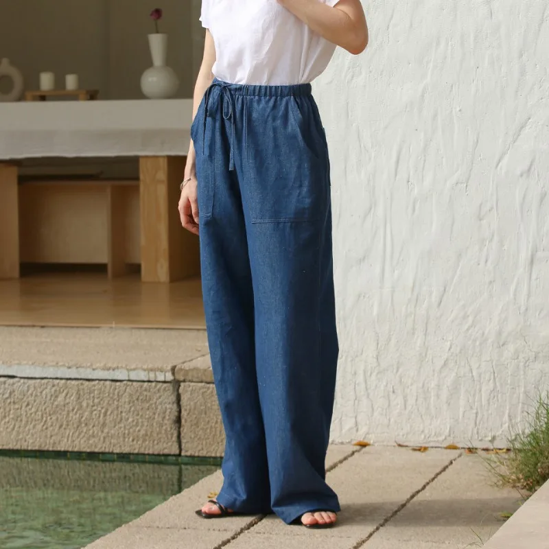 

2024 Summer Hemp Cotton Trousers Women Simple Casual High Elastic Waist Wide Leg Pants Blue Streetwear Fashion Roupas Femininas