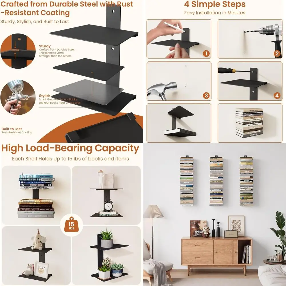 

8-Tier Wall-Mounted Metal Book Shelves, 120LBS Capacity, Black, 4-Pack Invisible Design