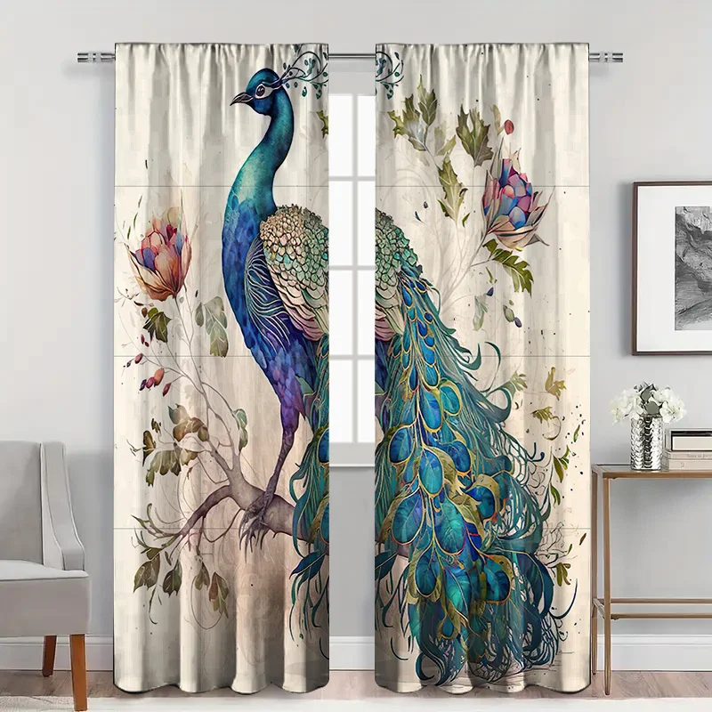 2pcs Peacock and Floral Curtains  Blue Green Sheer Light Filtering, Elegant Botanical Decor for Living Room and Bedroom