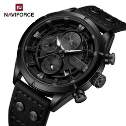 NAVIFORCE 2024 Men Watch Waterproof Genuine Leather Strap Military Sport 1/10 Second Chronograph Date Quartz Wristwatch