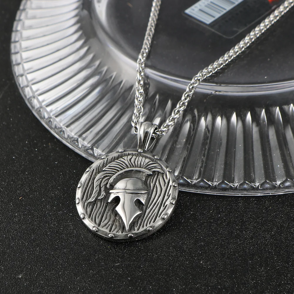 

JHSL New Trendy Men Roman Soldier Round Pendant Statement Necklace Silver Color Stainless Steel Fashion Jewelry Halloween Gift