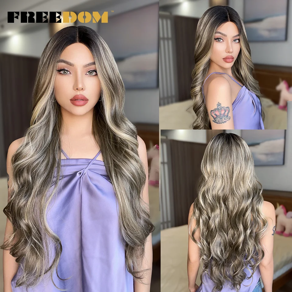 FREEDOM Body Wave Synthetic Lace Front Wigs For Women 30 inch Long Lace Wigs Ombre Blonde Brown Highlight Color Cosplay Wigs