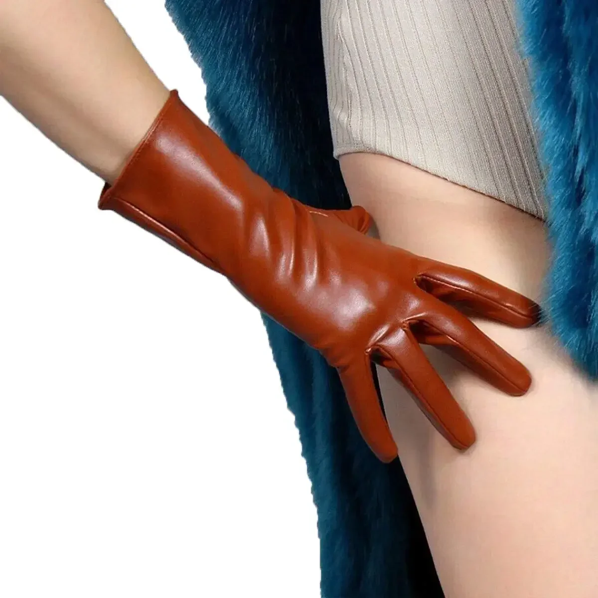 Women's Brown/Tan Gloves Faux Leather 28cm Arm Middle Long Unlined Cosplay Dressy Driving Fashion Stage Cosplay Costume Glove