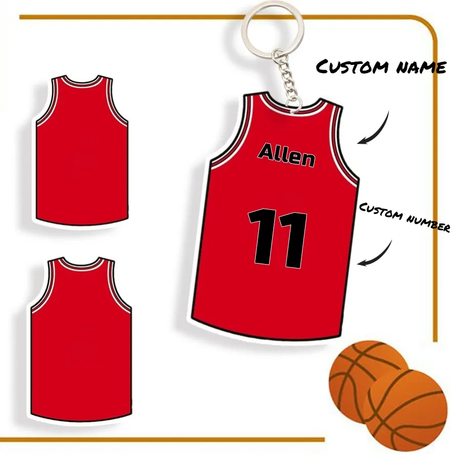 Customized Red Jersey Keychain Upload Name Number Basketball Club Athlete Sports Fans Fashion Gift Boyfriend Acrylic Keychains