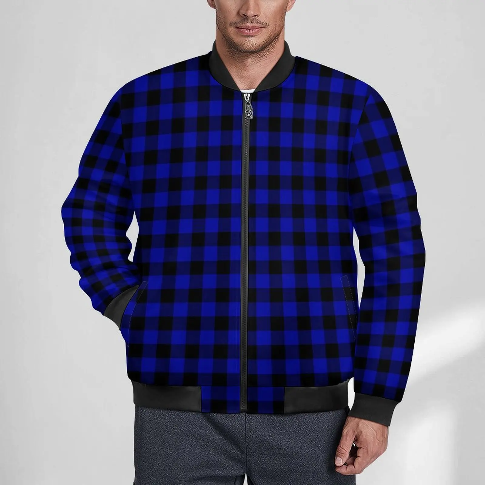 Black And Dark Blue Plaid Jackets Men Checkerboard Autumn Coats Aesthetic Windproof Casual Windbreak Loose Jacket Plus Size