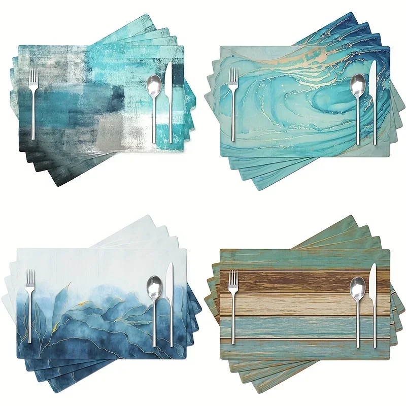 4pcs Modern Abstract Art Placemats Summer Style Teal Rustic Wood Texture Marble Oil Painting Color Contrast Table Mats Tabletop