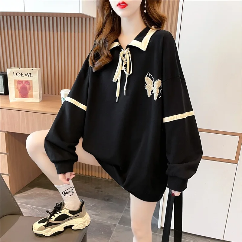 Women's 2024 Spring and Autumn New Korean POLO Collar Towel Embroidered Sweatshirt Women's Long Sleeve Loose Simple Top