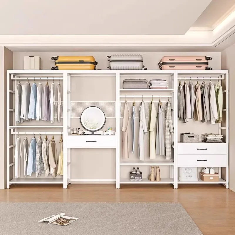 Walk-in cloakroom shelf assembly hanger floor combination coat rack wrought iron multi-functional open wardrobe