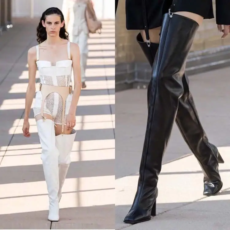 

Autumn Catwalk Square Head Waist Wrapped Over The Knee Pants Boots Block Heel Patent Leather Serpentine Solid Women's Shoes