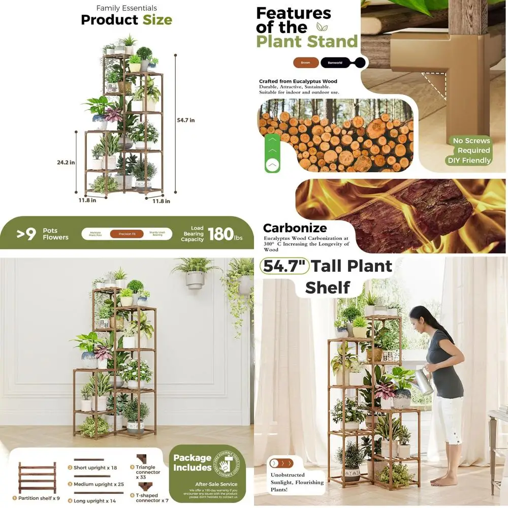

Высокая деревянная подставка для растений для использования в помещении и на улице, высота 54,7 дюйма, для нескольких растений, идеально подходит для патио, балкона и домашнего декора