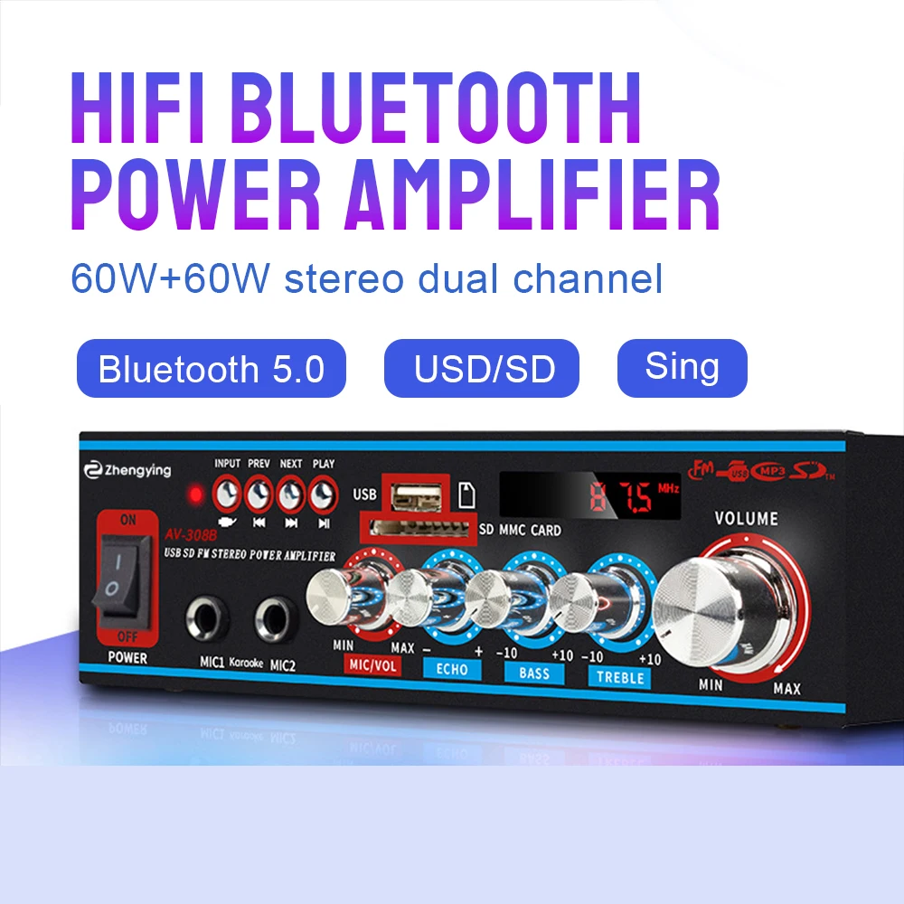 

12V 220V 800W Speaker Amplifier 2.0 Channel Bluetooth 5.0 Car Audio High Power Player Subwoofer Music Player