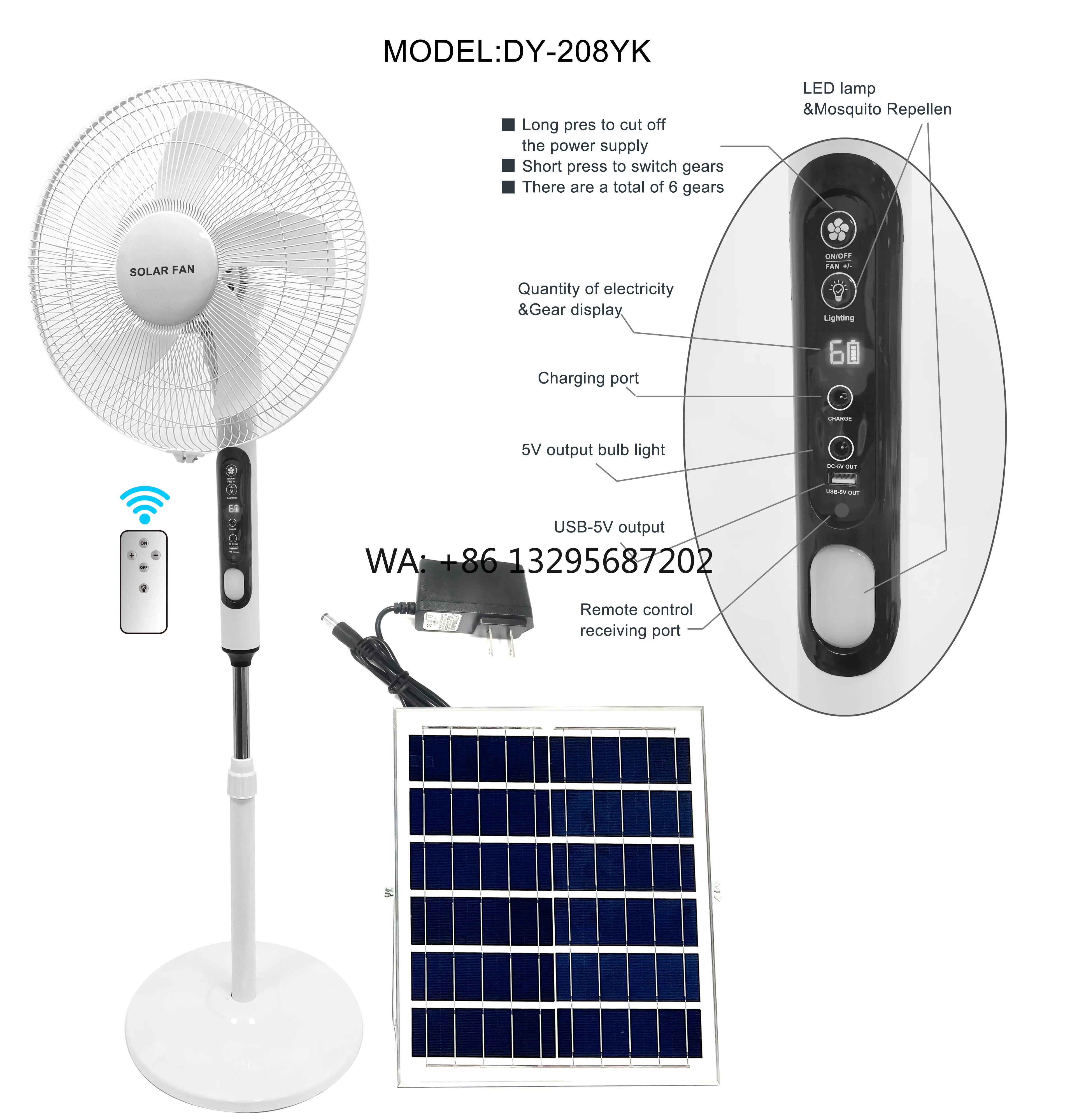 

16/18 Inches 5 Blade Rechargeable Solar Panel Stand Fan AC DC 12V Charging High Wind Speed with Battery