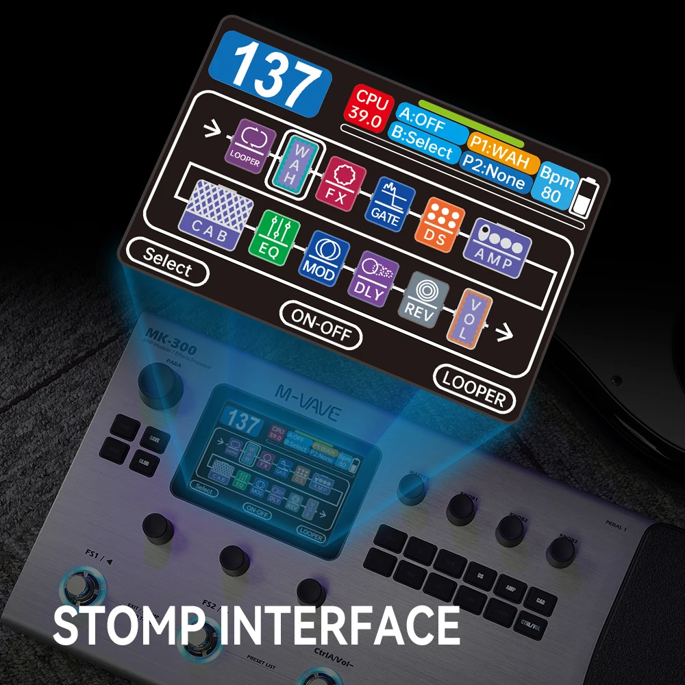معالج جيتار M-VAVE MK-300 متعدد التأثيرات - ANN النمذجة العصبية 120AMP 360FX 10h 150s StereoLooper 128 Drum MIDI DAW