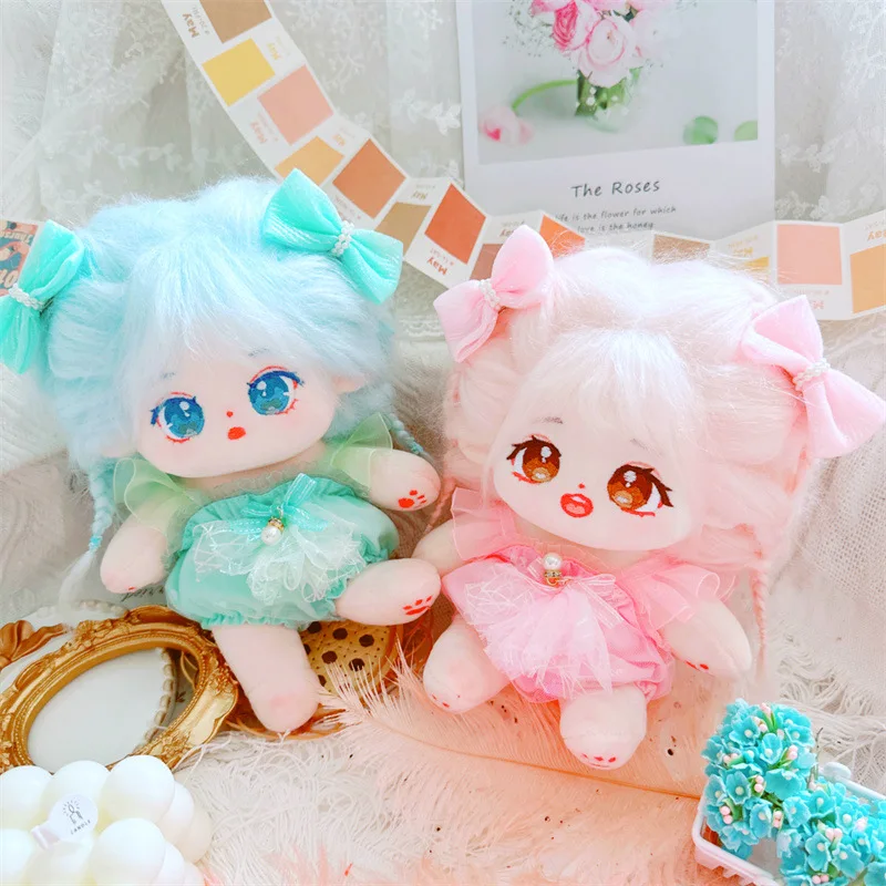 20cm Cute Idol Doll Clothes Kawaii Pink Dress Bow Hairclip Set Cartoon Plush Cotton Naked Doll for Kids Girls Birthday Gifts