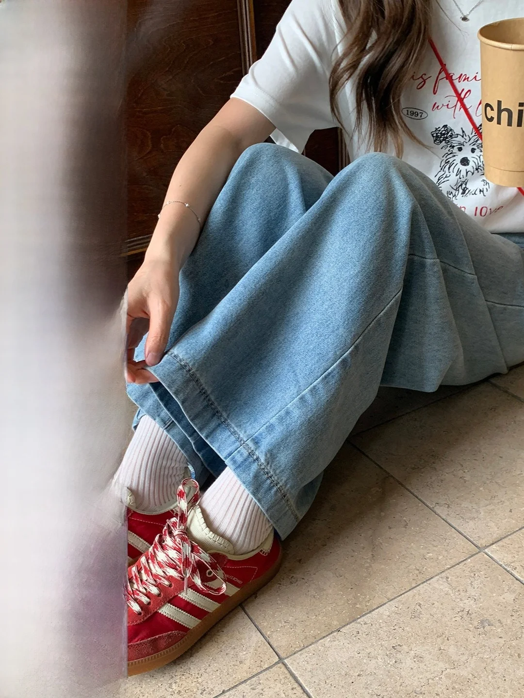 

High Waist Wide Leg Denim Jeans Retro Korean Style Wavy Texture Bleached Casual Fashionable Youthful Looking Jeans for Women