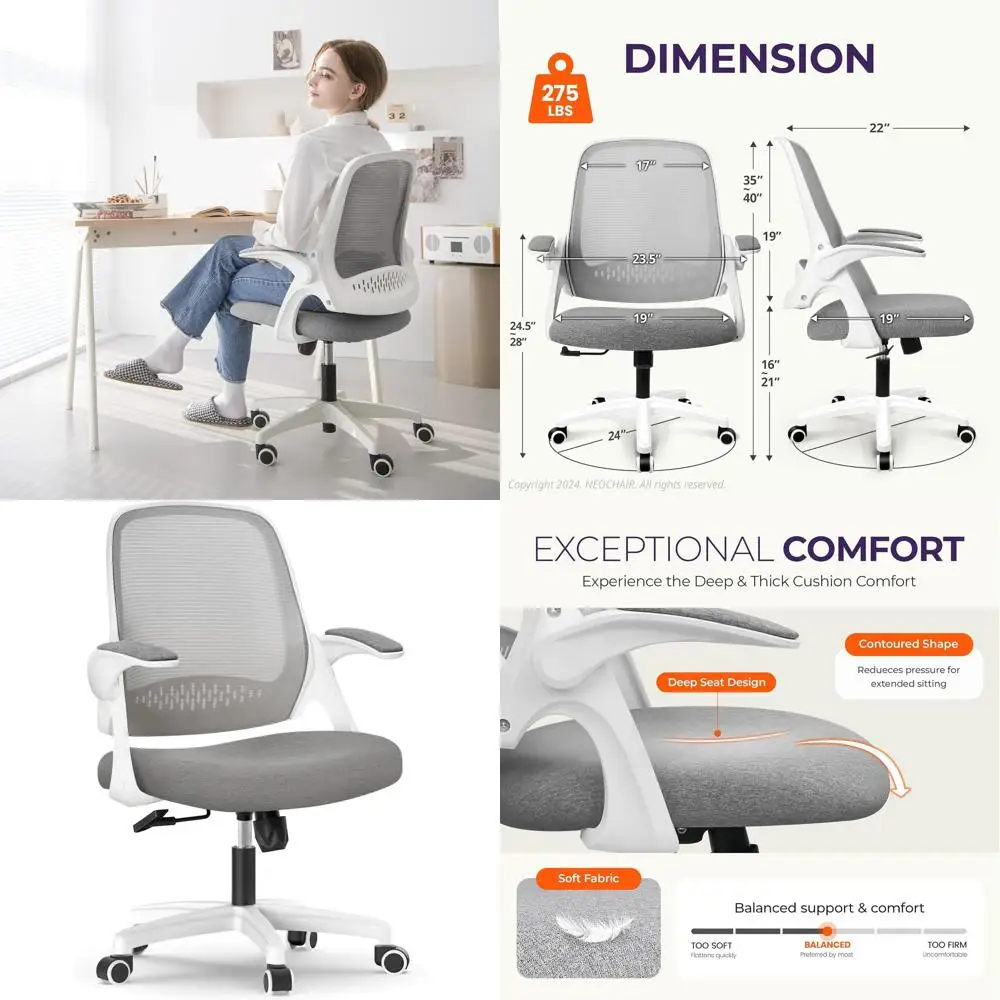 

Эргономичное игровое кресло с поясничной поддержкой, регулировкой высоты, поворотными колесиками, откидными подлокотниками, сетчатым сиденьем для дома/офиса (серое)