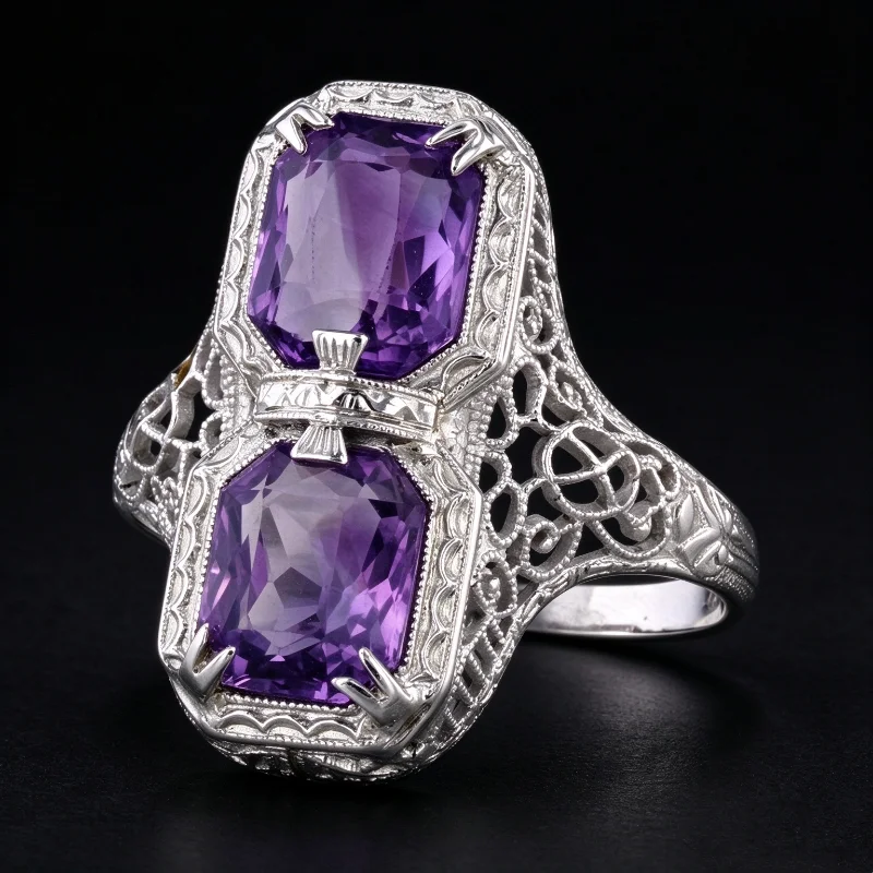 Gothic Style Exquisite Purple Synthetic Zirconia Silvery Cocktail Ring for Women Elegant Vintage Banquet Festival Hollow Jewelry