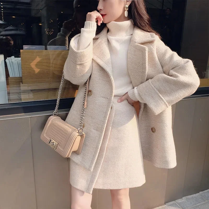 Cotton Thickened Woolen Tweed Set For Women 2025 Autumn/Winter Temperament Small Medium Long Woolen Skirt Two-Piece solid Color