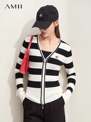 Amii Minimalism 2024 Cardigan For Women Autumn New V-neck Embroidery Zipper Striped Woolen Trendy Slim Women's Tops 12413002