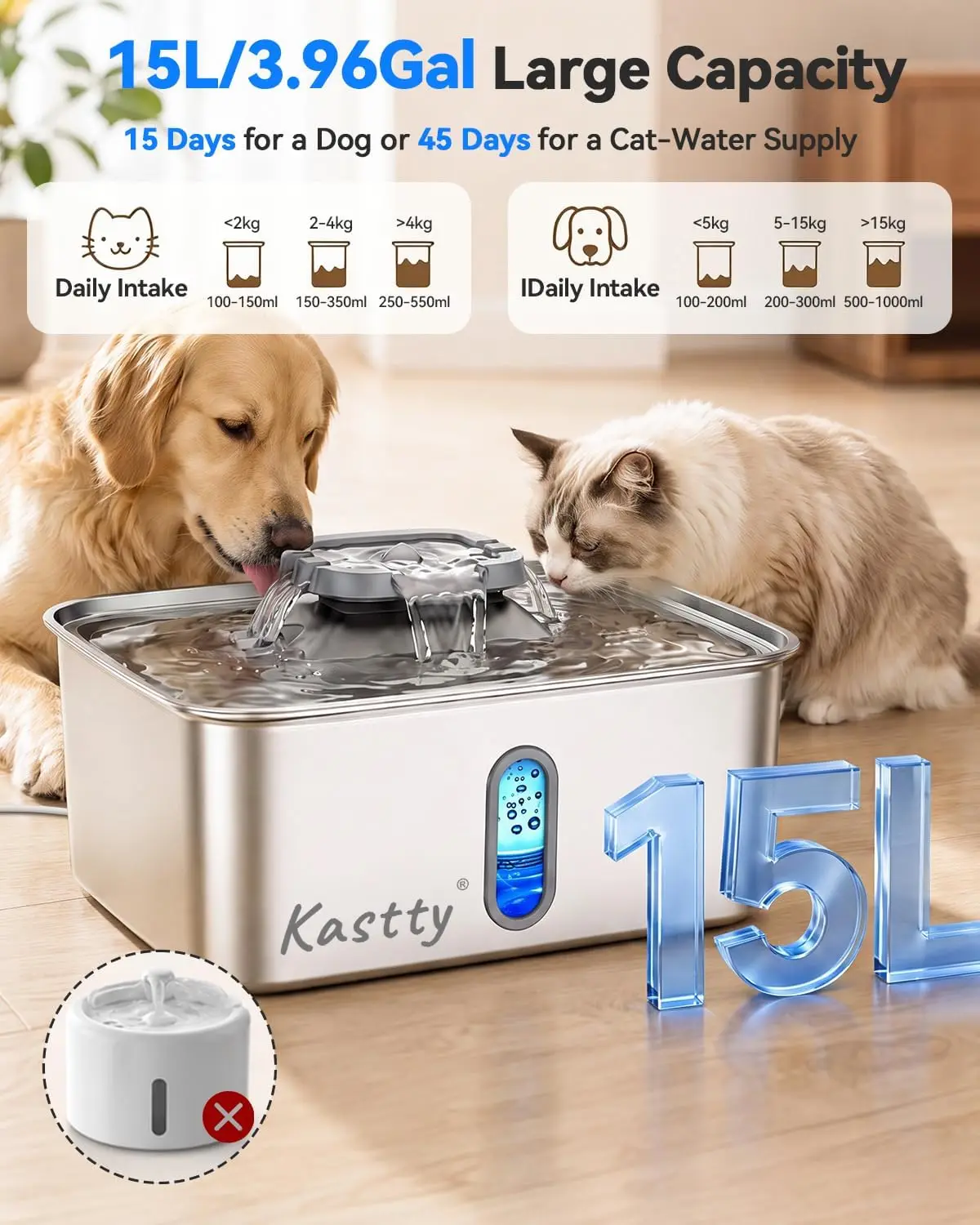 Dog Water Fountain for Large Multi-Pet, 4 Gal/15 L Capacity, Stainless Steel Build