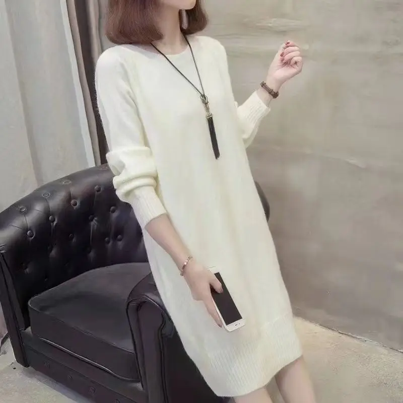 Ladies Korean Fashion Solid Color O-neck Long Sleeve Knitted Dress Autumn Winter All-match Elegant Dress Women Clothes Dresses