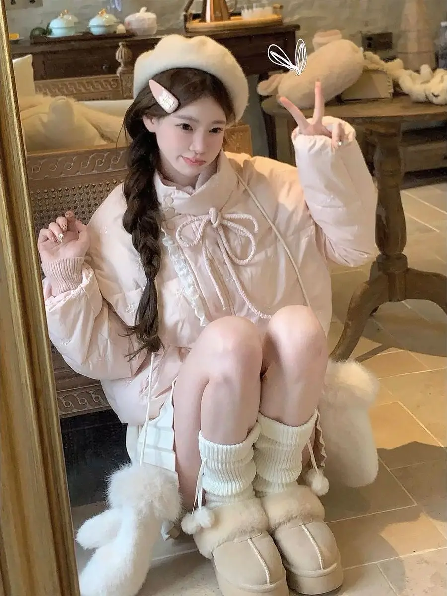 

Autumn Winter Lace Patchwork Cotton Jaet Women's Winter Korean Sle High-End Pink Knot Belted Cotton Coat