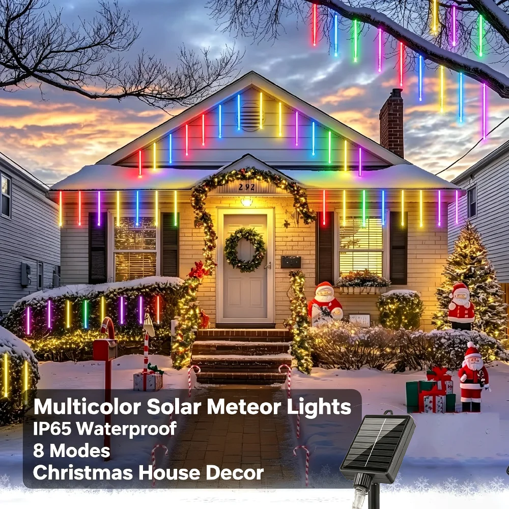 Christmas Solar Meteor Shower Light 8 Tubes Ice Pillar Type Light String for New Year Weddings Parties Holiday Ambient Lighting