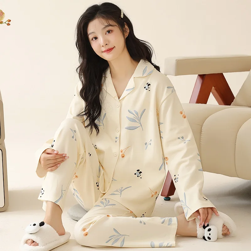 Lente Herfst Dames Dunne Puur Katoenen Pyjama Revers Lange Mouw Vest Oversized Cartoon Casual Huiskleding Set