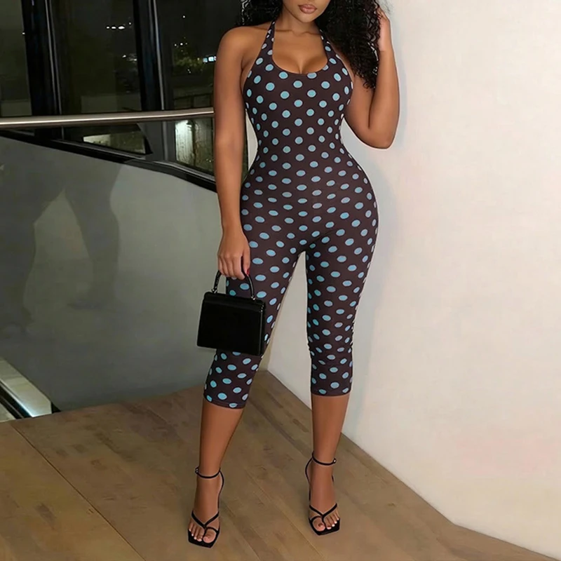 

OMSJ Hottie Cute Contrast Color Sleeveless Backless Skinny Polka Dot Halter Lace Up Jumpsuit Calf-length Pants Summer New Romper