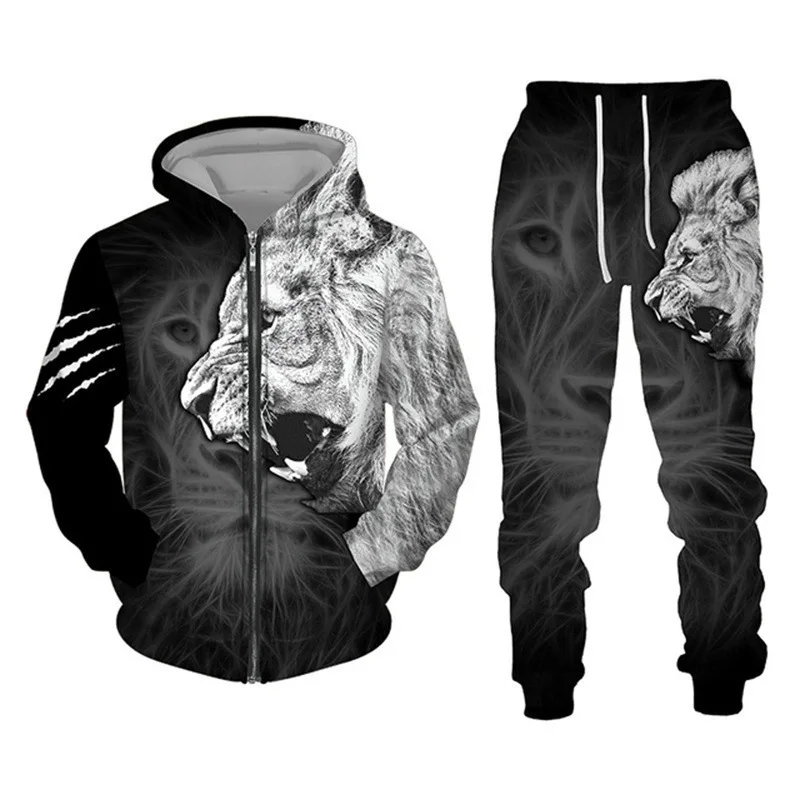 Herren Reißverschluss-Hoodie Trainingsanzug mit 3D-Grafikdruck Löwenkönig Langarm-Sweatshirt Jogginghose Locker Sitzend Herbst Winter Hip-Hop Alltagskleidung – Detail 13