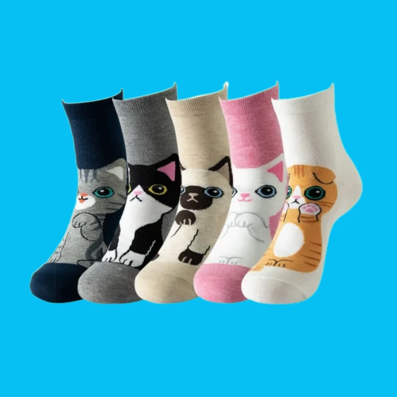 Chaussettes en coton de haute qualité pour femmes, chaussettes de chat de dessin animé, chaussettes douces et confortables, personnalité drôle, cadeau de Noël mignon, nouveau, 5 paires, 2024