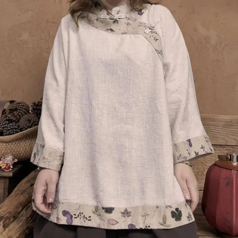 2026 Spring Autumn Arts Style Women Vintage Knot Button O-neck Loose Casual Shirt High Quality Cotton Linen Blouse Female Tops